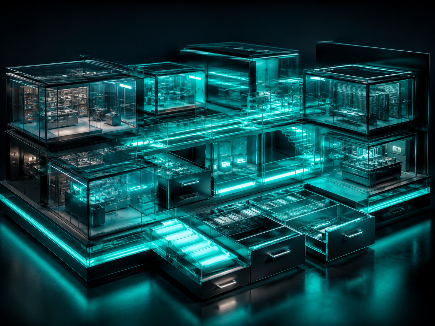Organised glass rooms connected together
